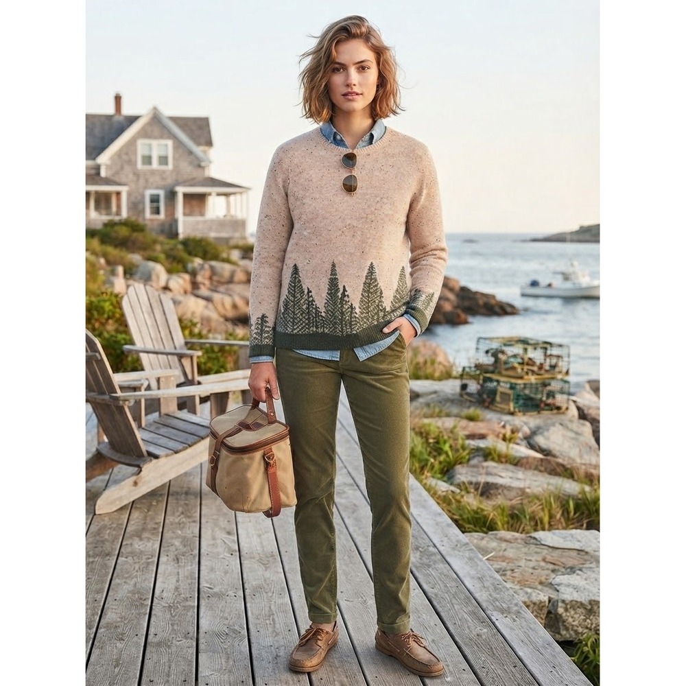 Appleseeds Petites Beige Green Pine Tree Forest Sweater PL